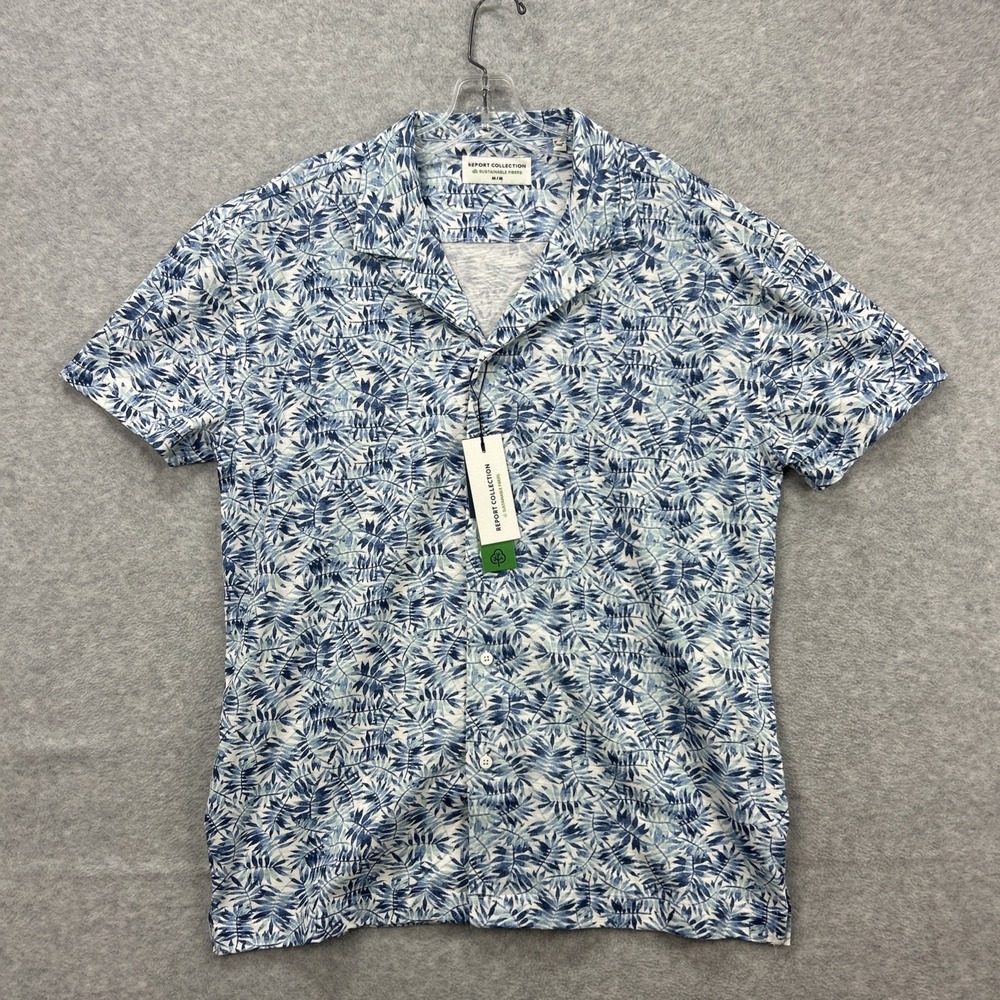 Report Collection Shirt Mens Medium Blue Hawaiian Tropical Beach Sustainable NEW